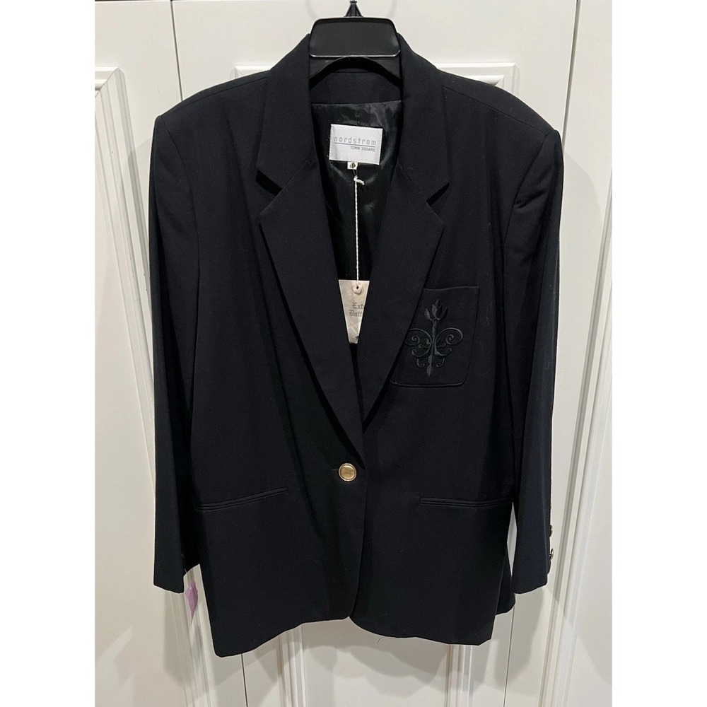 Vtg Nordstrom Town Square Wool Blazer Size 18 Black Gold Buttons Old Money Prepp